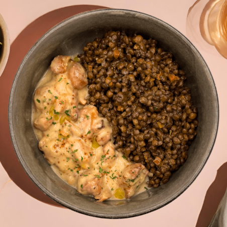 Emincés de poulet à la moutarde et duo lentilles cuisinées